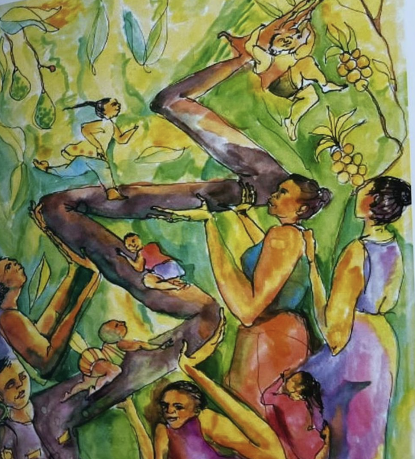 watercolor drawing of a community of women and kids building a path forward